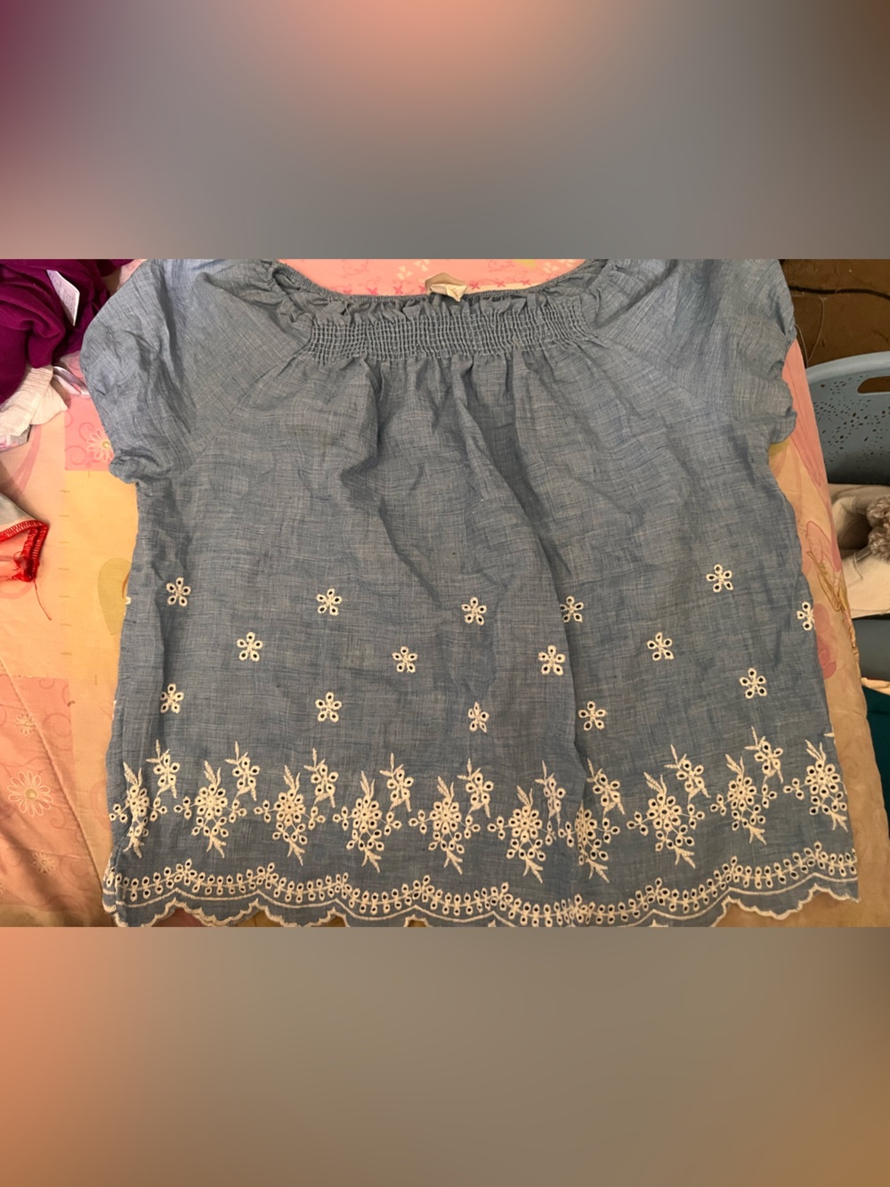 Girls' Light Blue Embroidered Peasant Top